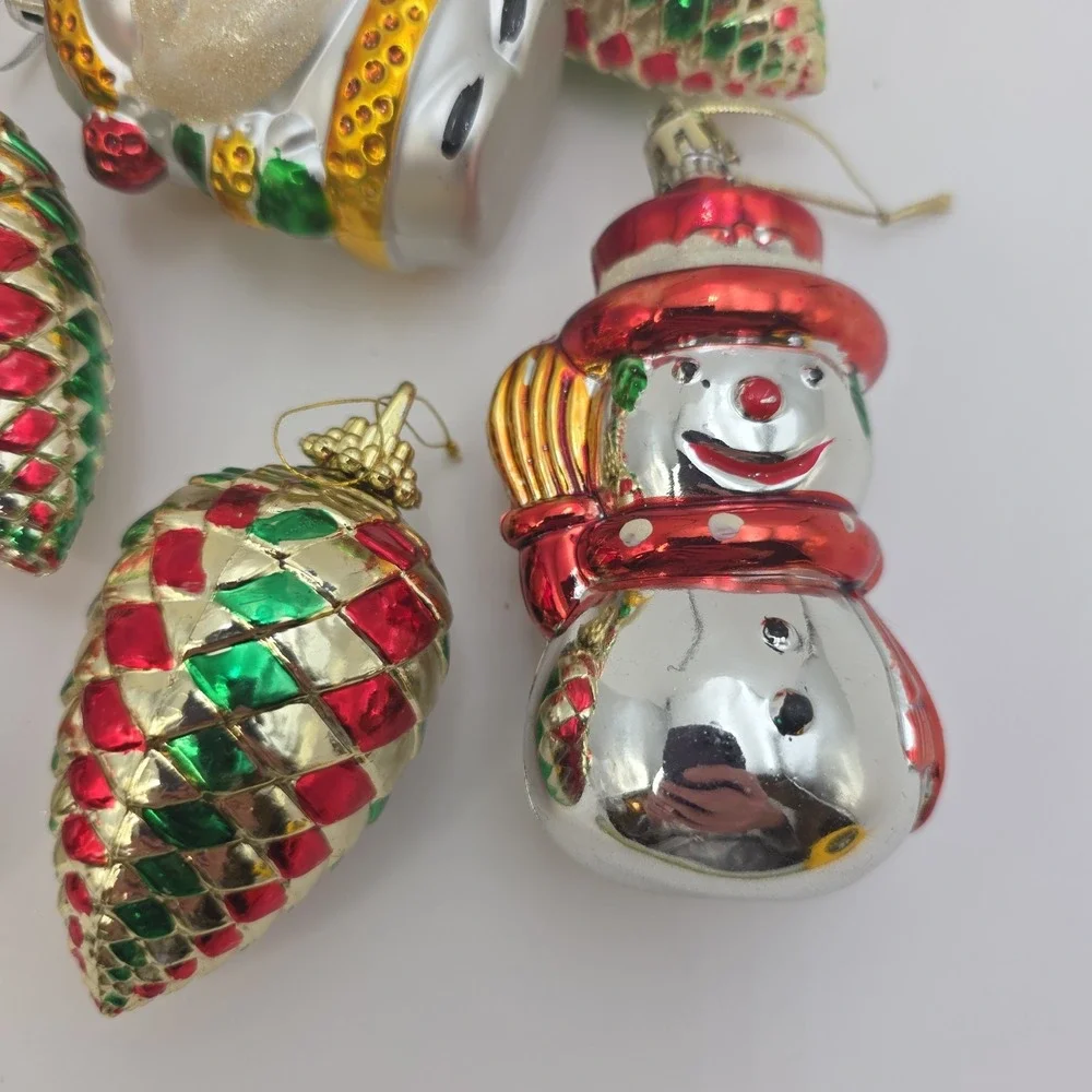 VTG Christmas Ornaments Lot 7Santa Snowman Pine Cone Red Green Gold Holiday
